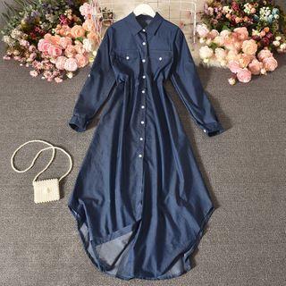 Denim Long-sleeve Midi A-line Shirt Dress Denim Blue - One Size
