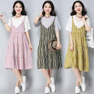 Set: Short-sleeve Top + Spaghetti Strap Linen Cotton Dress