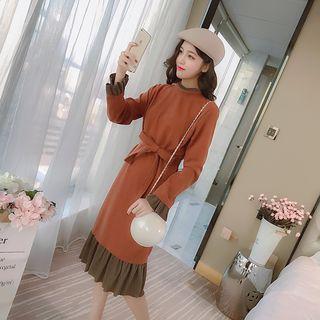 Gathered-waist Long-sleeved Crewneck A-line Sheath Dress