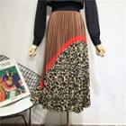 Color-block Leopard Print Pleated Midi Skirt