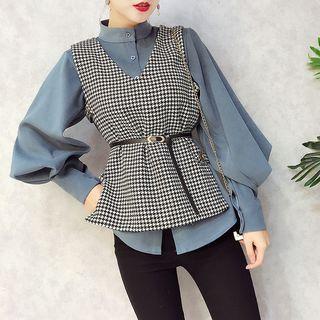 Set: Lantern-sleeve Blouse + V-neck Houndstooth Vest