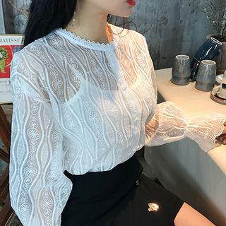 Collarless Ruffle-cuff Sheer Lace Blouse
