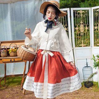 Floral Embroidered Long-sleeve Blouse / Midi Two-tone Lettering A-line Skirt / Set