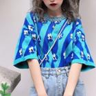Elbow-sleeve Floral Knit Top Blue - One Size