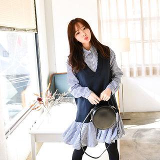 Set: Sleeveless Knit Top + Stripe Ruffle-hem Shirtdress