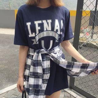 Mock Two Piece Plaid Trim Printed Short Sleeve T-shirt Dress