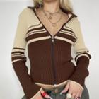 Long Sleeve Color-block Striped Ribbed-knit Zip-up Jacket