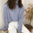 Plain Mock-neck Loose-fit Sweater Blue - One Size