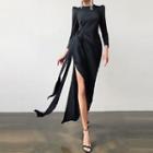 Long-sleeve Tie-waist Plain Split Midi Dress