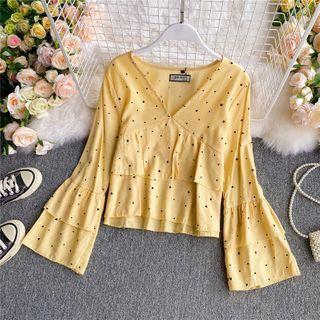 V-neck Heart Printed Chiffon Flare Long-sleeve Top