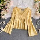 V-neck Heart Printed Chiffon Flare Long-sleeve Top