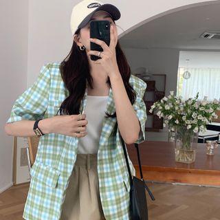 Short-sleeve Plaid Blazer Green - One Size