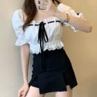 Short-sleeve Lace Trim Blouse / Mini Fitted Skirt