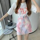 Short-sleeve Lettering T-shirt / High-waist Dyed Skirt