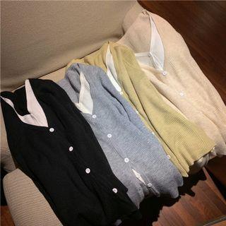 Long-sleeve Mock Two-piece Button-up Slim-fit Knit Top