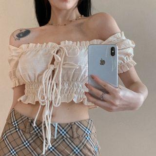 Ruffle Trim Lace-up Cropped Blouse White - One Size
