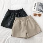 Plain High-waist Faux Leather Wide-leg Shorts
