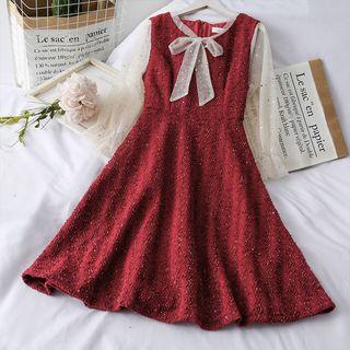 Patchwork Ribbon-neckline Mini Dress / Midi Dress