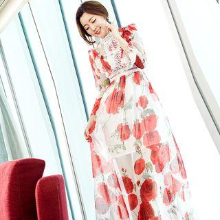 Set: Floral Print Lace Panel Long-sleeve Dress + Spaghetti Strap Dress