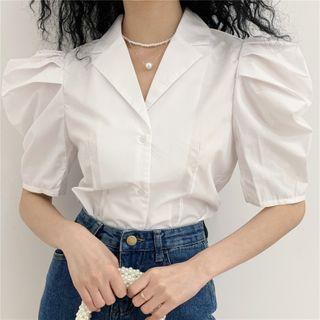 V Neckline Plain Puff-sleeve Top