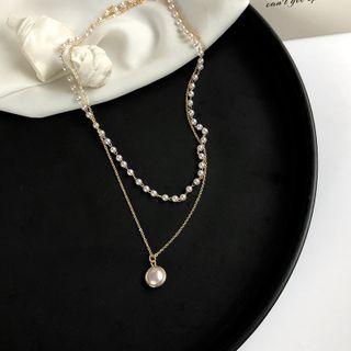 Faux Pearl Layered Necklace 1 Piece - Necklace - 2 Layers - White - One Size