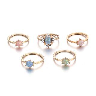 Set Of 5: Rhinestone Ring Gold - One Size