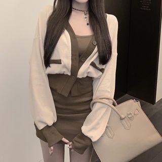 Spaghetti Strap Sheath Dress / Button-up Crop Jacket