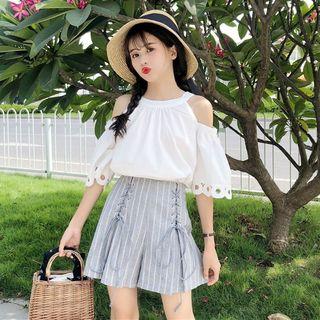Cutout Off-shoulder Short-sleeve Blouse / Striped High-waist Shorts