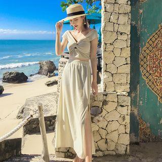 Set: Off-shoulder Crop Top + Side Slit Midi A-line Skirt