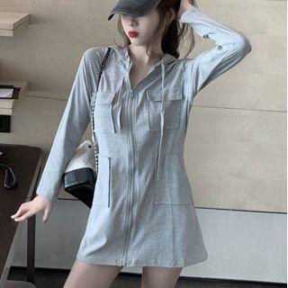 Zip Mini A-line Hoodie Dress Gray - One Size