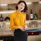 Mesh Ruffle Shirred Blouse / Mini Straight-fit Skirt