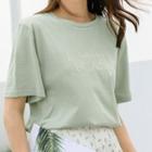 Letter Embroidered Short-sleeve T-shirt Tea Green - One Size