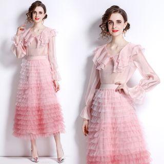 Set: Ruffle Trim Blouse + Mesh Midi A-line Skirt