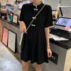 Mandarin Collar Ruffle Trim Short-sleeve Mini A-line Dress Black - One Size