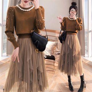 Beaded Sweater / Ruffle Trim Mesh Midi A-line Skirt