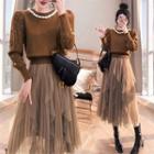 Beaded Sweater / Ruffle Trim Mesh Midi A-line Skirt