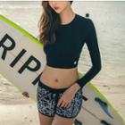 Set Of 3: Long-sleeve Swim Top + Swim Bottom + Printed Swim Shorts