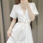 Elbow-sleeve V-neck Cut-out Romper
