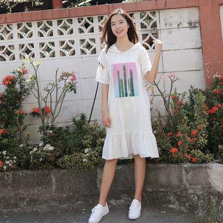 Short-sleeve Cactus Print Hooded T-shirt Dress
