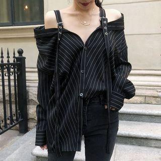 Striped Off-shoulder Long-sleeve Loose-fit Shirt