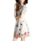 Bird Embroidered Short Sleeve A-line Dress
