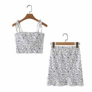 Set: Floral Print Cropped Camisole Top + Mini Pencil Skirt