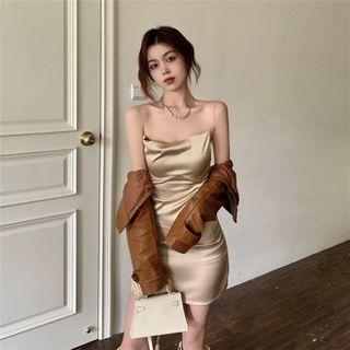 Spaghetti Strap A-line Dress / Faux Leather Zip Jacket