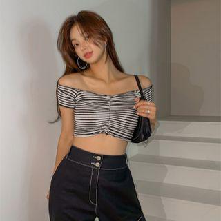Lettuce-edge Shirred Crop Top (plain / Stripe)