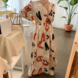 Puff-shoulder Patterned Maxi Dress Beige - One Size