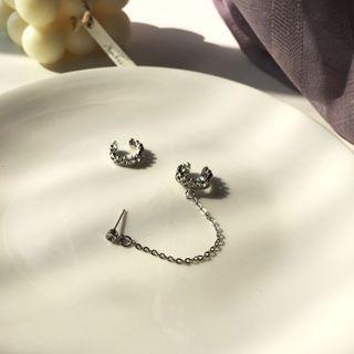 925 Sterling Silver Chained Earring 1 Pc - S925 Earring With Ear Cuff - One Size / 1 Pc - Ear Cuff - Silver - One Size