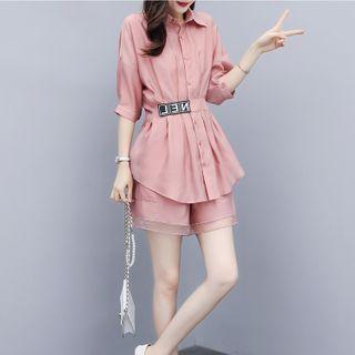 Set: Short-sleeve Shirt + Wide Leg Organza Trim Shorts