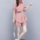 Set: Short-sleeve Shirt + Wide Leg Organza Trim Shorts