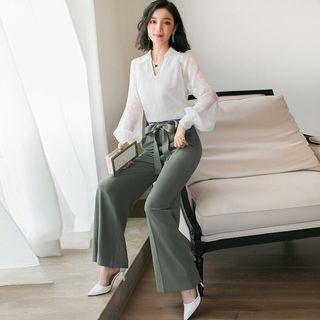 Set: Split-neck Blouse + Tie-waist Cropped Wide-leg Pants