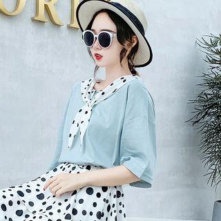 Elbow-sleeve Polka Dot Collar T-shirt